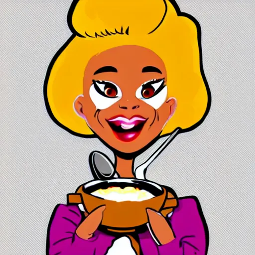 Prompt: Cartoon caricature of Doja Cat with a spoon in her hand