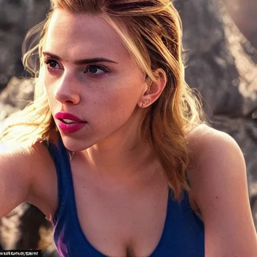 Image similar to a woman who is a genetic combination of scarlett johansson and emma watson face and upper - body focus