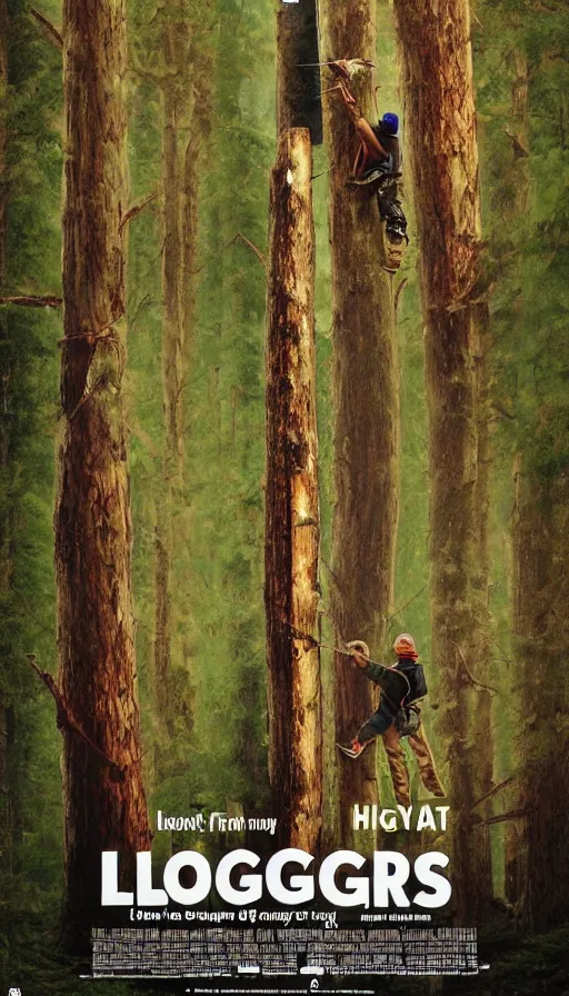 Image similar to movie poster of loggers, cutting douglas firs, highly detailed, hyper realistic, large text, bright colours
