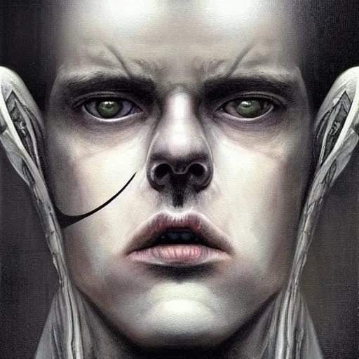 Image similar to surreal portrait of a man by Greg Rutkowski and H.R Giger, symmetrical face, he is about 30 years old, west slav features, short blonde hair with bangs, attractive, smart looking, slim, somewhat androgenic, transformed into a kind of biomechanical transhuman angel, disturbing, terrifying but fascinating, with a determined and sinister expression on his face, cosmic void background, frightening, fascinating, highly detailed portrait, digital painting, book cover, artstation, concept art, smooth, sharp foccus ilustration, Artstation HQ