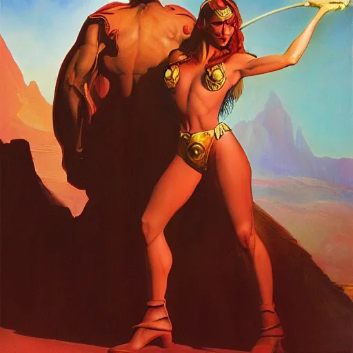 Image similar to princess of mars but with gal godot, photorealistic painting by frank frazetta and boris vallejo