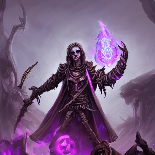 Prompt: a necromancer holding a bone staff calling an army of undead rising from the ground in the background, violet theme, hearthstone art style, epic fantasy style art, fantasy epic digital art, epic fantasy card game art