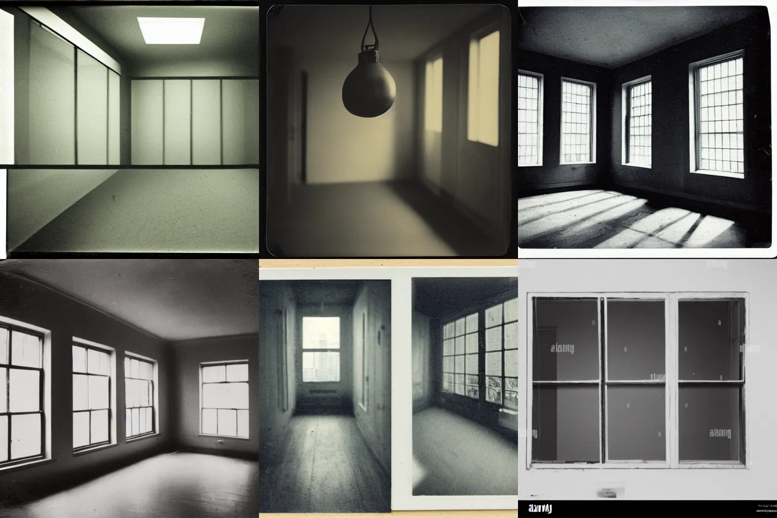 Prompt: a poloroid of an empty room with windows, a bare lightbulb hangs, spooky, unnerving