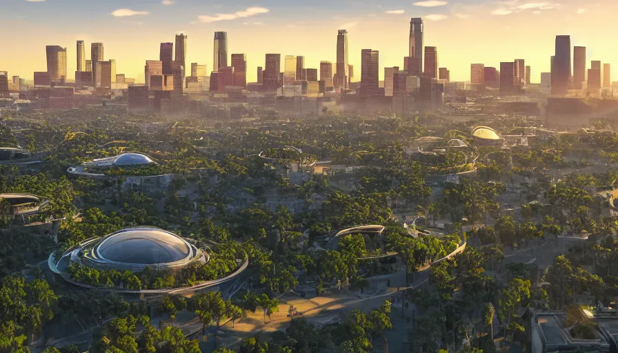 Prompt: city art of los angeles with huge green park with glass domes surrounded by spiral glass buildings and futuristic buildings at sunset, light, hyperdetailed, artstation, cgsociety, 8 k