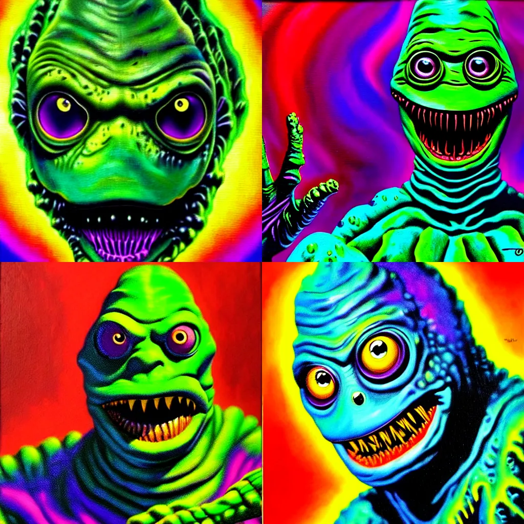 Prompt: creature from the black lagoon with an 8 0 s synthwave background, vibrant colors, photorealistic oil painting
