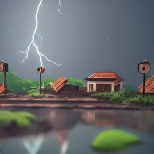 Image similar to rain diorama, cute raining thunderstorm, lightning, 4k detailed, isometric, dark gray environment, cloudy dark