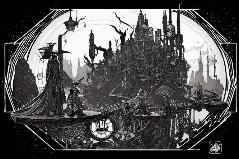 Image similar to a majestic steampunk wizard table, high details, lineart, by vincent di fate and joe fenton, inking, etching, screen print, masterpiece, trending on artstation, sharp, high contrast, hyper - detailed,, hd, 4 k, 8 k