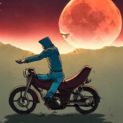 Image similar to bunny wearing a leather jacket riding a motorbike during sakura season on a blood moon by simon stalenhag, rule of thirds, dynamic pose, action pose, beautiful landscape