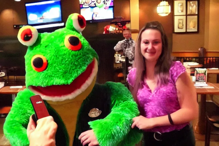 Prompt: taking a selfie with a frog fluffy mascot costume at an applebee's, cell phone photo