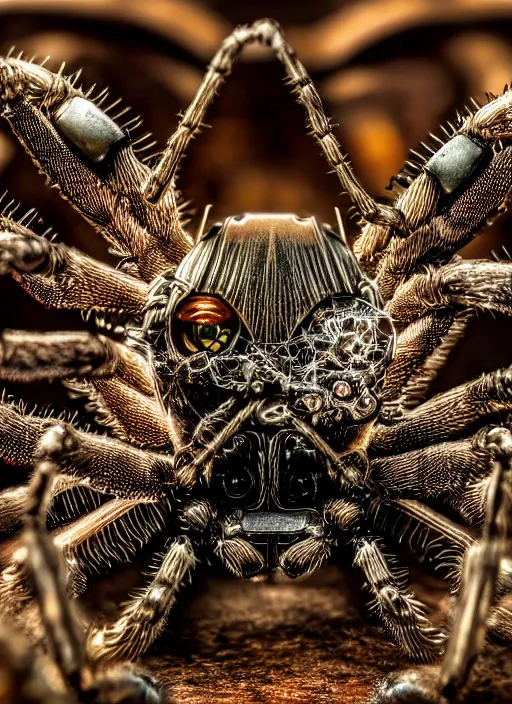 Image similar to macro photo of an intricate biomechanical spider, on the background of a weird magical mechanical forest. Round gears visible inside her hear. Very detailed 8k. Fantasy cyberpunk horror. Sharp. Cinematic post-processing