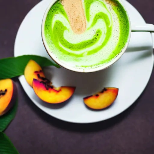 Image similar to peach matcha latte being served by a cute lizard, high quality food photography