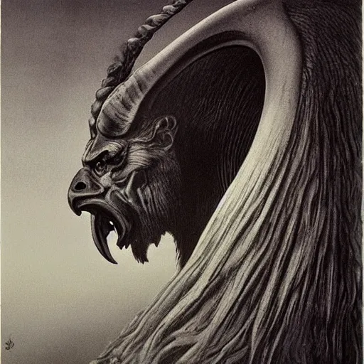 Image similar to a creature with the body and eyes of a man, with the beak of an eagle, the mane of a lion, and the horns of an ox. drawn by zdzislaw beksinski and giger, dark blue