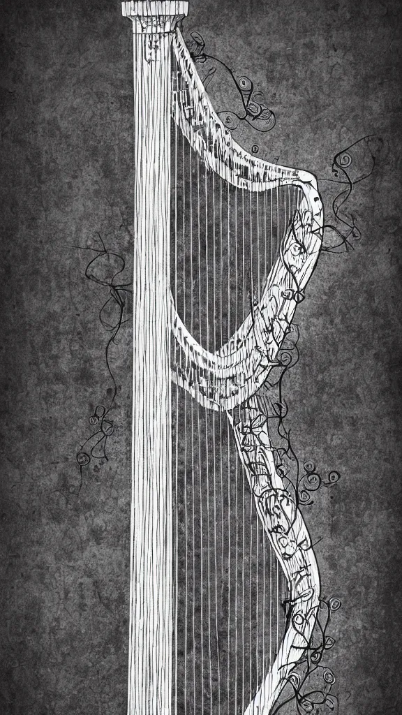 Image similar to a harp with strings made of thick vines, fantasy art, art station, grey background,