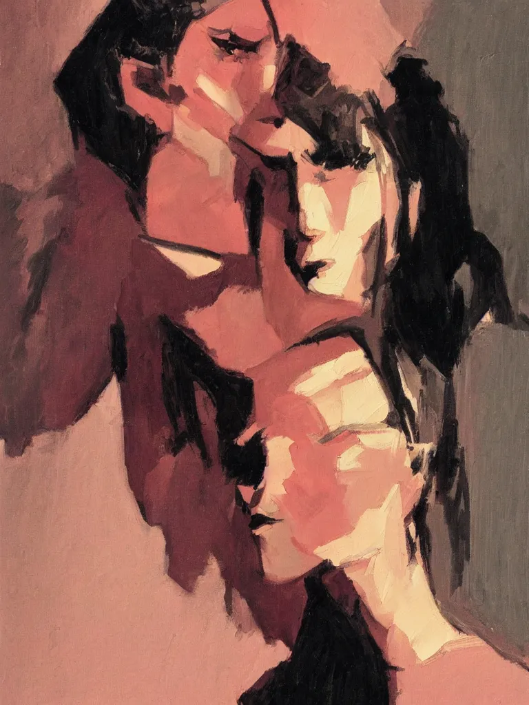 Image similar to portrait profile of one mysterious dark beautiful women in 1 9 7 8, oil painting by john watkiss