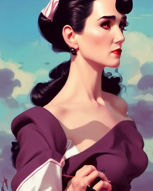 Image similar to a pin up and beautiful fashion charming dreamlke jennifer connelly, symmetrical face, symmetrical eyes, character art, art by artgerm lau and wlop and and ilya kuvshinov and john singer sargent, joshua middleton comic art