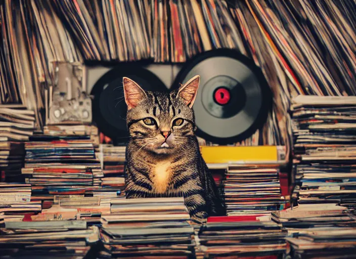 Image similar to photography of a Cat sitting on a pile of books and vinyls. a record player is in the shot. in a room full of vinyls and posters out of the 70's, photorealistic, raining award winning photo, 100mm, sharp, high res