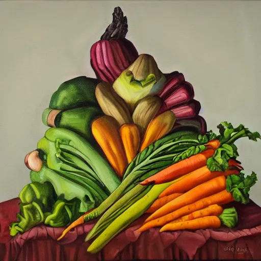 Image similar to a cornucopia of evil vegetables, oil on canvas