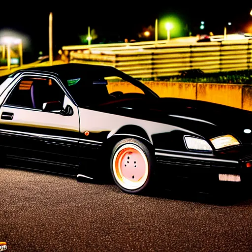 Image similar to a black 1990 Ford thunderbird sc at illegal car meet, Chiba prefecture, city midnight mist lights, cinematic color, vaporwave, highly detailed wheels, 50MM