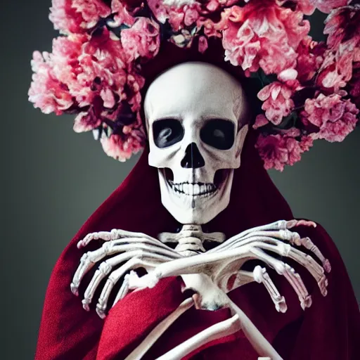 Image similar to cinematic shot epic portrait skeleton wearing a dark robe covered in flowers, hyper realistic, mood lighting, fantasy, detailed face, highly detailed, super realistic, perfect lighting