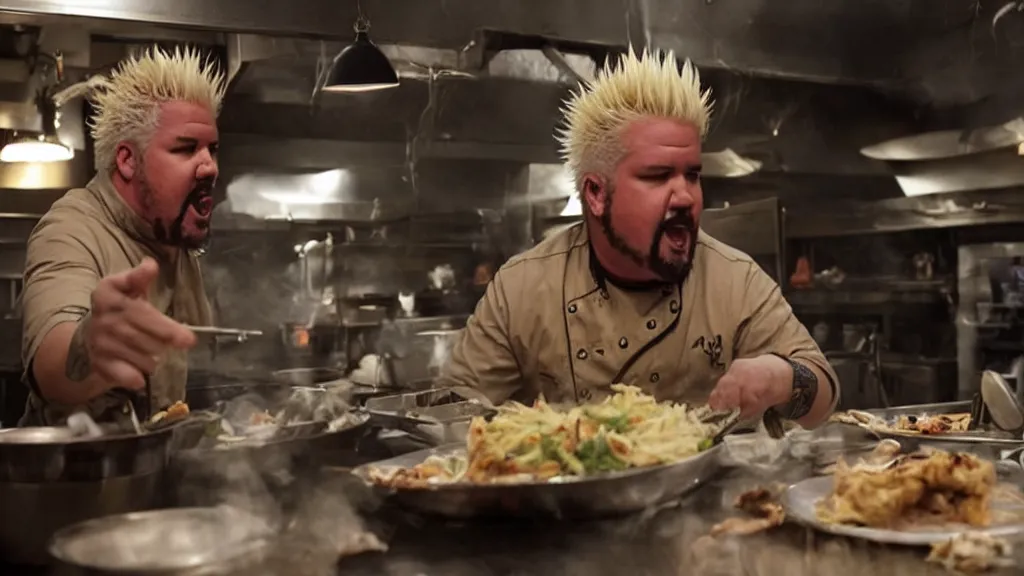 Prompt: guy fieri, turning into an eldritch horror monster, with tentacles, in a restaurant kitchen, film still from the movie directed by denis villeneuve with art direction by salvador dali