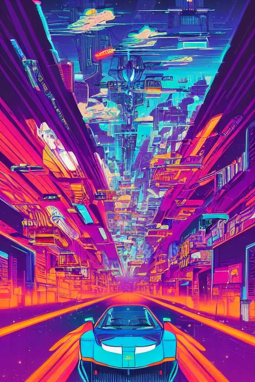 Image similar to thunders in the sky in a future cybernetic city, outrun style and colours, trending on arstation, by dan mumford, by ross tran