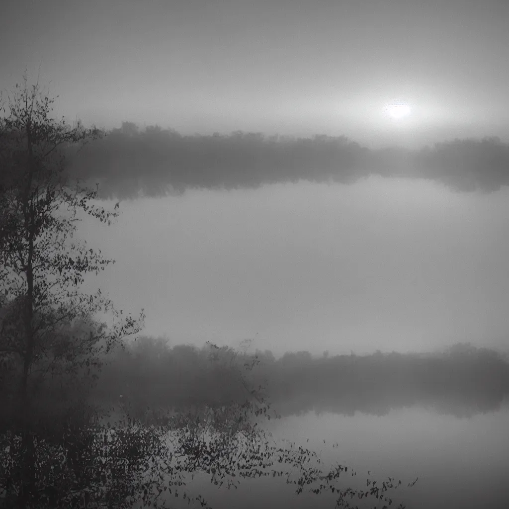 Prompt: starling murmur over a still lake on a foggy morning, light rays, bokeh, beautiful professional photography, 35mm film