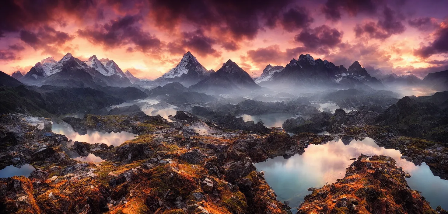 Image similar to amazing landscape photo of mountains with lake in sunset by marc adamus, beautiful dramatic lighting