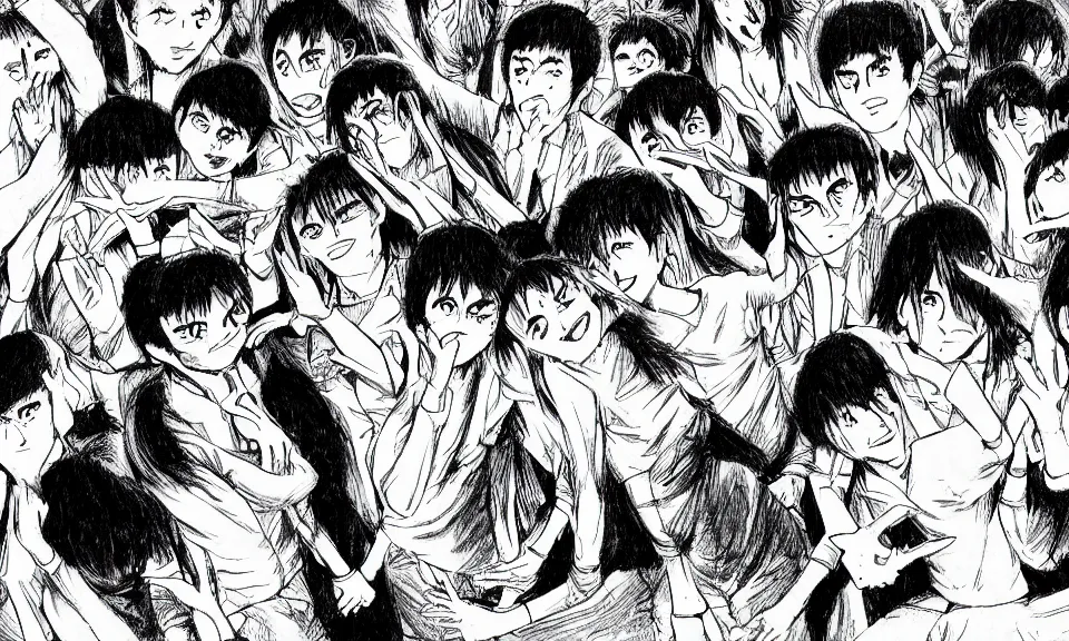 Image similar to a manga drawing of a group of people forming a cave with their bodies by Junji Ito