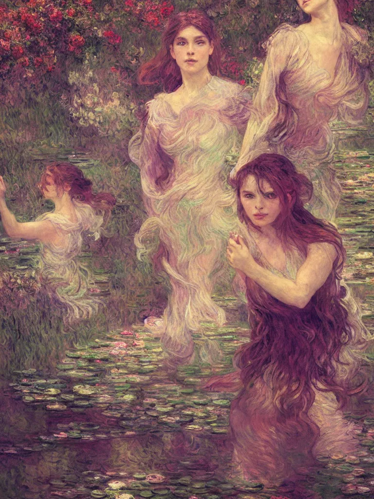 Image similar to illustration studio portrait of three beautiful seraphim female energy in artistic poses in a pond in nature, monet painterly motives and textures pattern, hyper detailed, octane render, vivid colors, artstation, by jeremy mann, by alphonse mucha, by monet