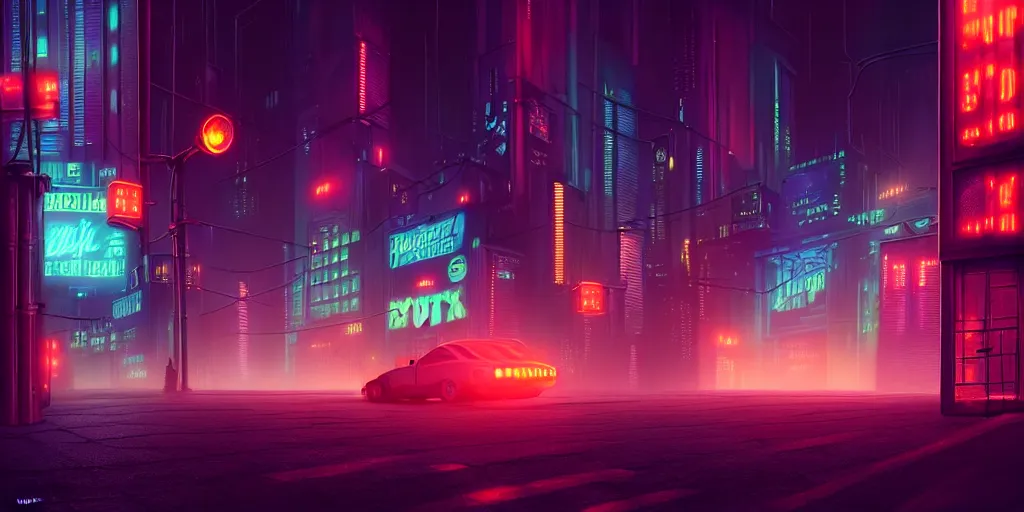 Prompt: highly detailed matte painting of a cyberpunk neon city street night time, bokeh, science fiction, futuristic noir, industrial steam, drones, mechs. environment art by john berkley and edward hopper concept art, beautiful volumetric - lighting - style atmosphere