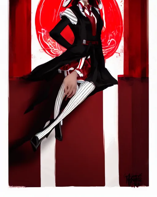 Image similar to Medium shot of Red Imp + White black striped horns + Formal outfit, in the style of greg rutkowski