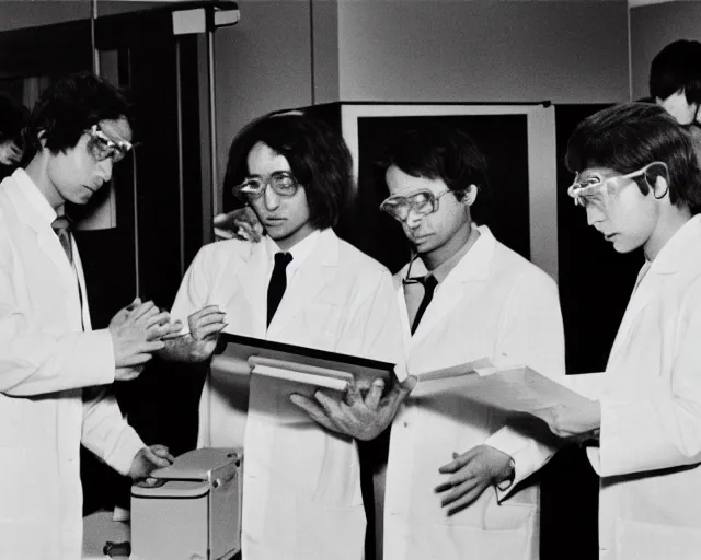 Prompt: scientists in a lab coats looking at computer screens trying to invent anime girls in real life, 1985 BW photo, secret documents leak