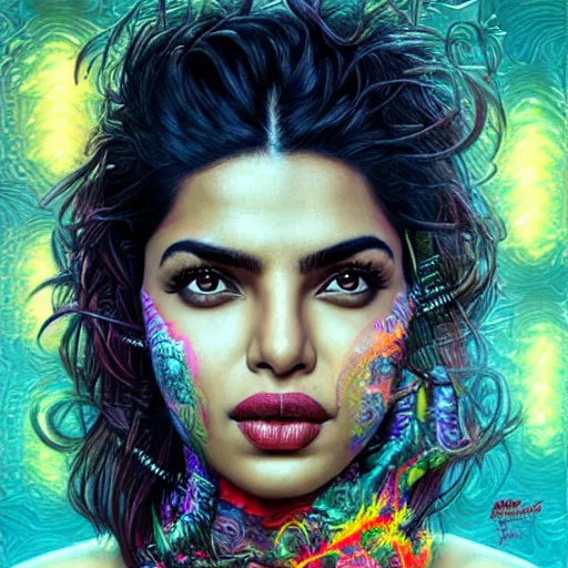 Image similar to portrait of priyanka chopra, hyper detailed masterpiece, neon floral pattern, jean giraud, digital art painting, darkwave goth aesthetic, psychedelic, artgerm, donato giancola and tom bagshaw