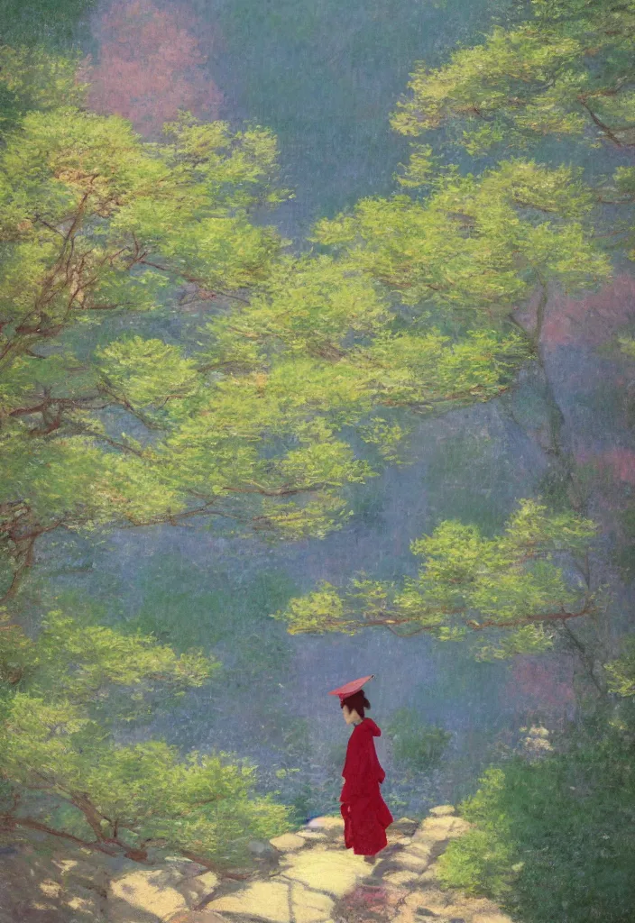 Image similar to tiny character in front of a beautiful japanese city in the mountain, amazing ryokans and gorgeous edo era houses. gorgeous epic nature, lofi, vivid colors, amazing light, by jeremy lipkin, by claude monet, heavily inspired by makoto shinkai, kandinsky touches, masterpiece, multiple brush strokes, impressionist style. divine