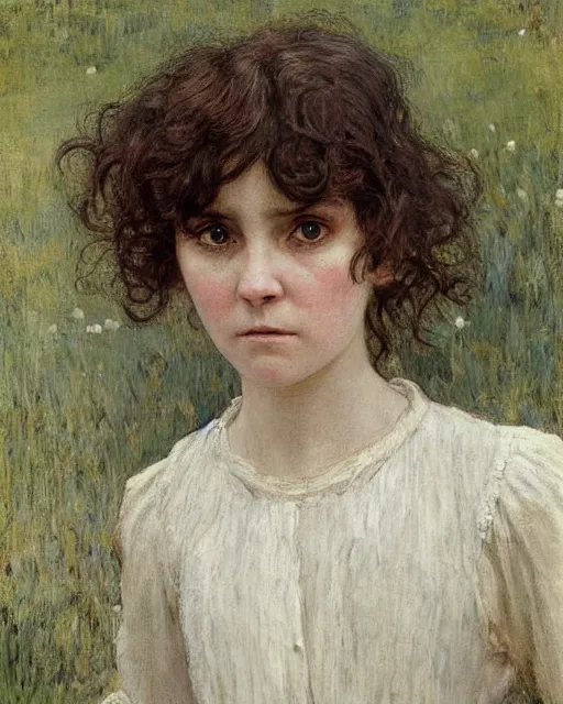 Image similar to a beautiful but sinister girl who looks like a young shirley henderson in layers of fear, with haunted eyes and curly hair, 1 9 7 0 s, seventies, delicate embellishments, a little blood, crimson, painterly, offset printing technique, by jules bastien - lepage