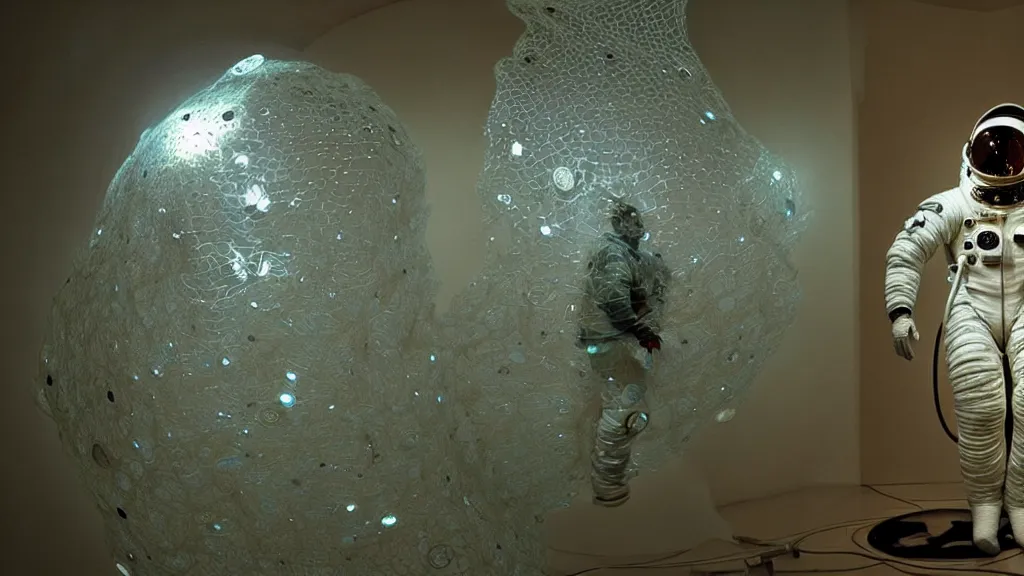 Image similar to a astronaut eva suit covered in diamond 3d fractal lace iridescent bubble 3d skin and covered with insectoid compound eye camera lenses floats through the living room, film still from the movie directed by Denis Villeneuve with art direction by Salvador Dalí, wide lens,