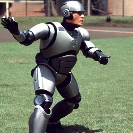 Image similar to award winning photograph of peter weller as robocop, yelling at little league game