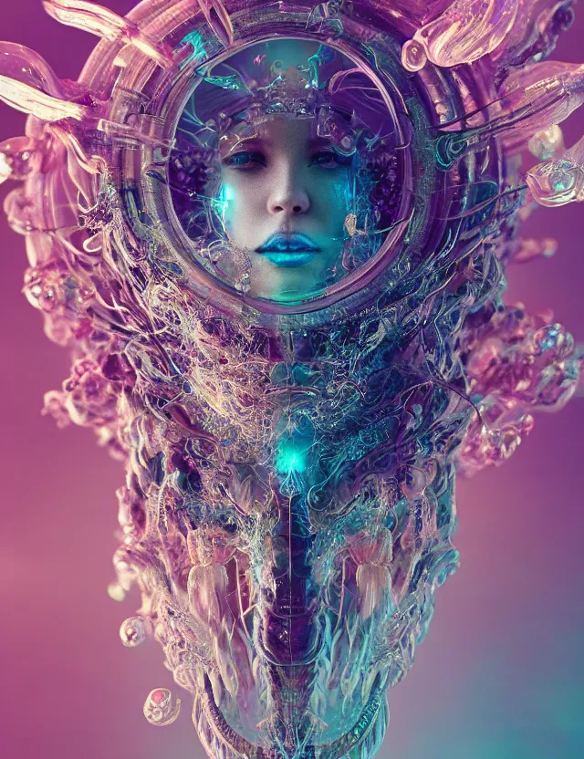 Image similar to goddess macro close - up portrait in crown made of ram skull. betta fish, jellyfish phoenix, bioluminiscent, plasma, ice, water, wind, creature, super intricate ornaments artwork by tooth wu and wlop and beeple and greg rutkowski