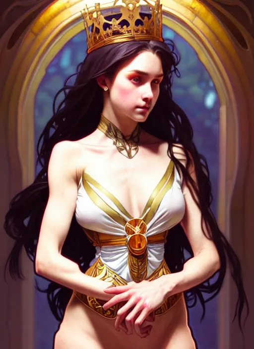 Image similar to hannah owo as queen, incredibly detailed face, pretty face, light dress, true anatomy, art by artgerm and greg rutkowski and alphonse mucha