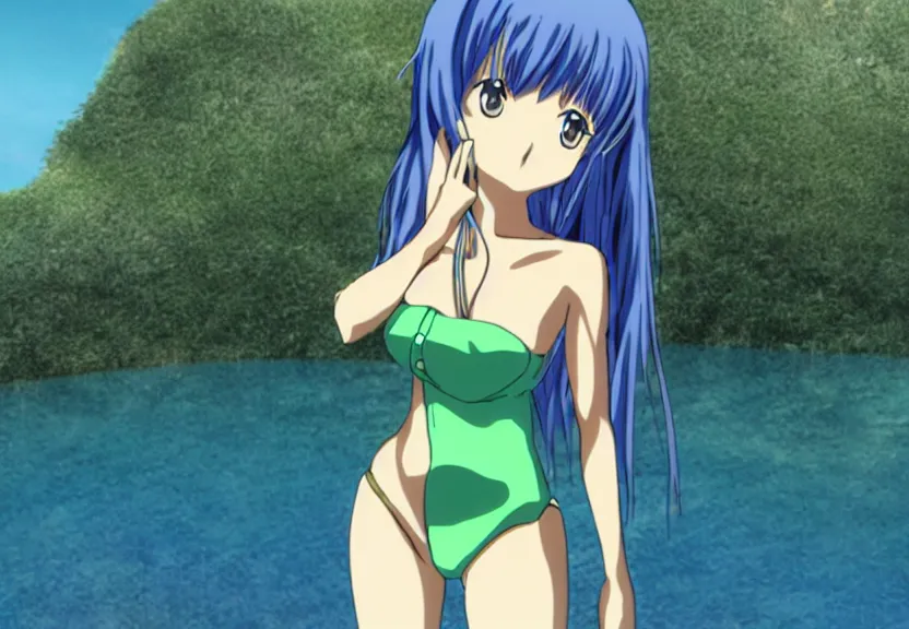 Prompt: A 2005 anime still of a 21 year old anime girl with long blue hair, green eyes, and a light blue swimsuit with the logo of the designer brand AToS printed on it, standing on a floating platform above the abyss.