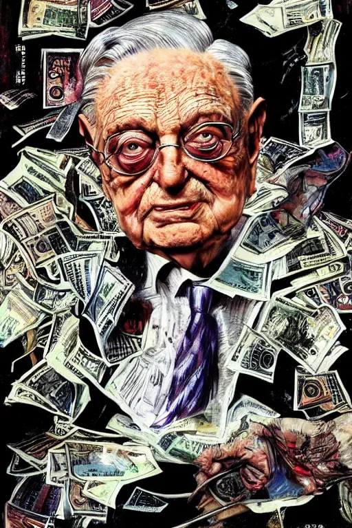 Image similar to George Soros full body shot, dollar bills Body horror, biopunk, by Ralph Steadman, Francis Bacon, Hunter S Thompson