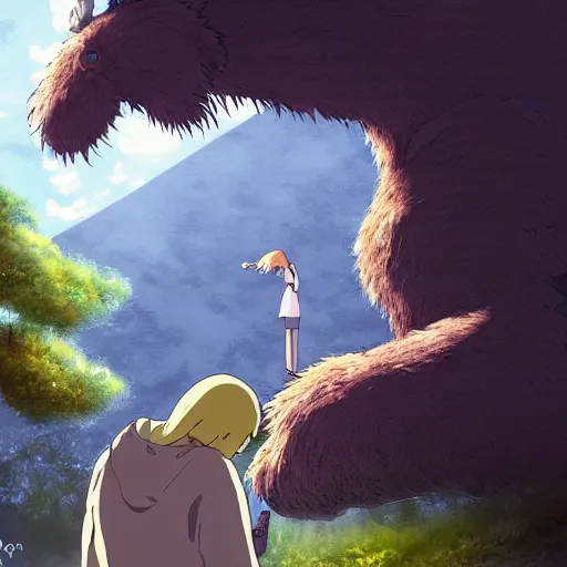 Image similar to guy and a friendly creature in the spirited away style, 4k art, high detail, smooth, anime beautiful peace scene, detailed face, studio ghibli, sharp focus high quality, fantasy, forest, detailed, wonderful, sky,