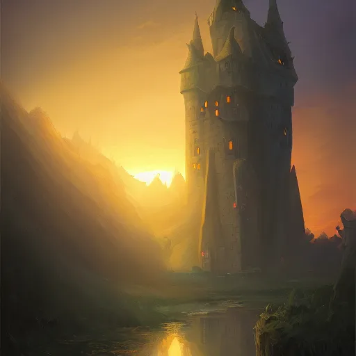 Prompt: a beautiful artwork painting of a dark castle at sunset, by andreas rocha, featured on artstation