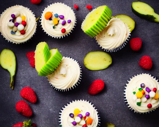 Image similar to dslr food photograph of delicious cupcakes with slices of pickle on them, 8 5 mm f 1. 4