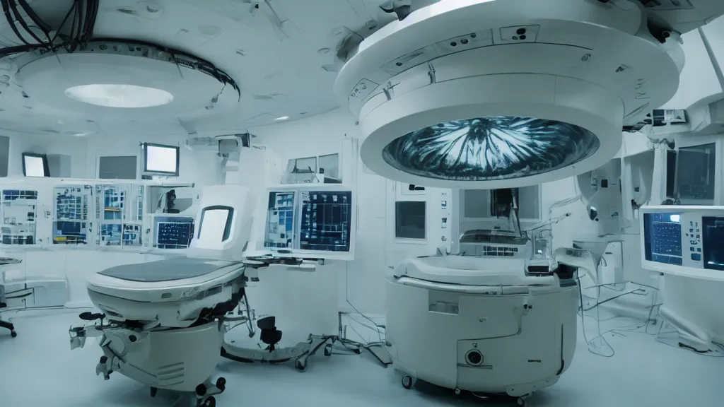 Image similar to a huge mri machine and control panels in the inspection room, film still from the movie directed by denis villeneuve with art direction by salvador dali, wide lens