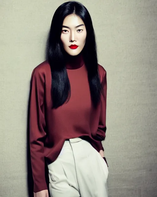 Prompt: photo portrait Liu Wen, beautiful face, faint red lips, slicked back hair, fashion photoshoot, cover girl, real-life skin, skin care, light makeup