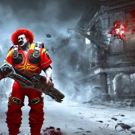 Prompt: ronald mcdonald clown in gears of war, cinematic shot, hyperdetailed