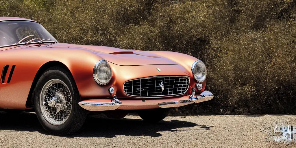 Image similar to photograph, 1958 FERRARI 250 GT, copper paint, by Peter Singhof, press release, cinematic, malibu canyon, 8k, depth of field, bokeh. rule of thirds