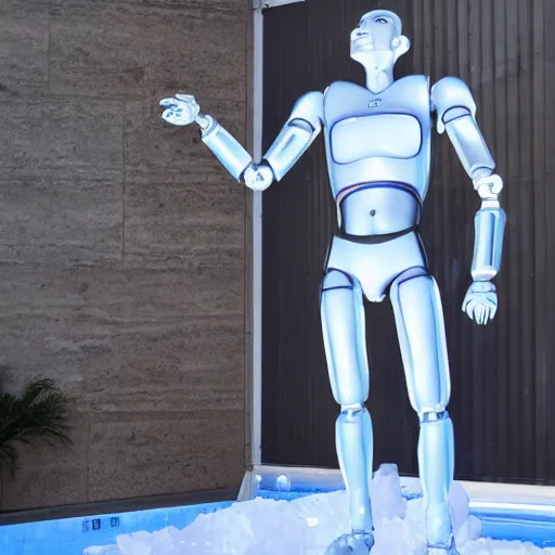 Image similar to made of ice, a realistic detailed photo of a guy who is an attractive humanoid who is half robot and half humanoid, who is a male android, on display, blank stare, showing off his muscles, shiny skin, posing like a statue, by the pool, frozen ice statue, twitch streamer / gamer ludwig, humanoid robot