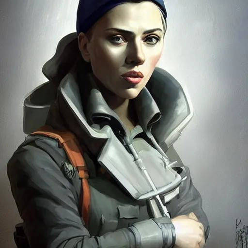 Image similar to portrait of nadezhda konstantinovna krupskaya as scarlett johansson in team fortress 2 style, epic, tragic, military art, fantasy, dieselpunk, hd shot, digital portrait, beautiful, artstation, comic style, by artgerm, guy denning, jakub rozalski, magali villeneuve and charlie bowater